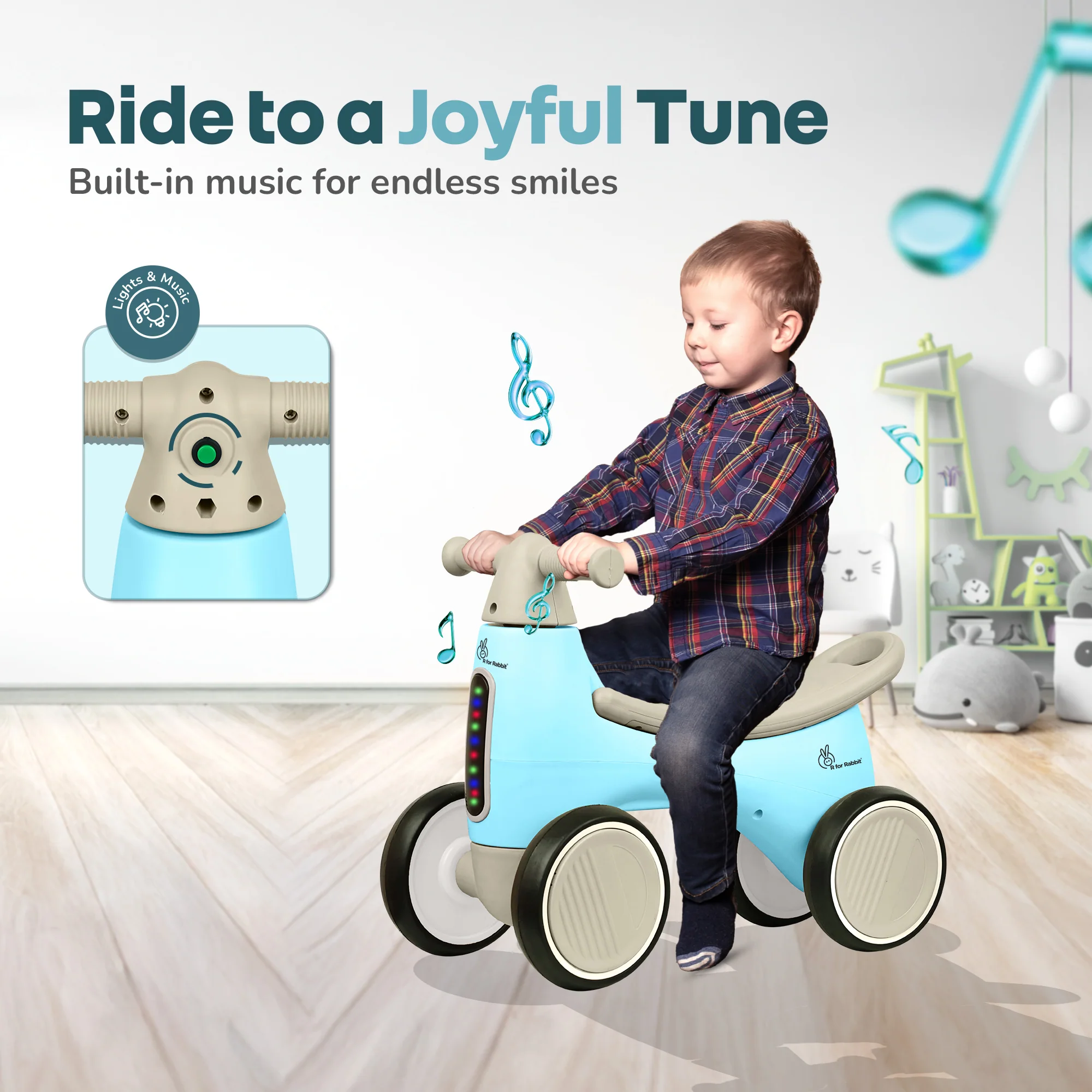 Speedster Glider Baby Ride On Car – Fun Push Ride with Music, LED Lights, Toy Storage & EVA Wheels - Blue - Image 4
