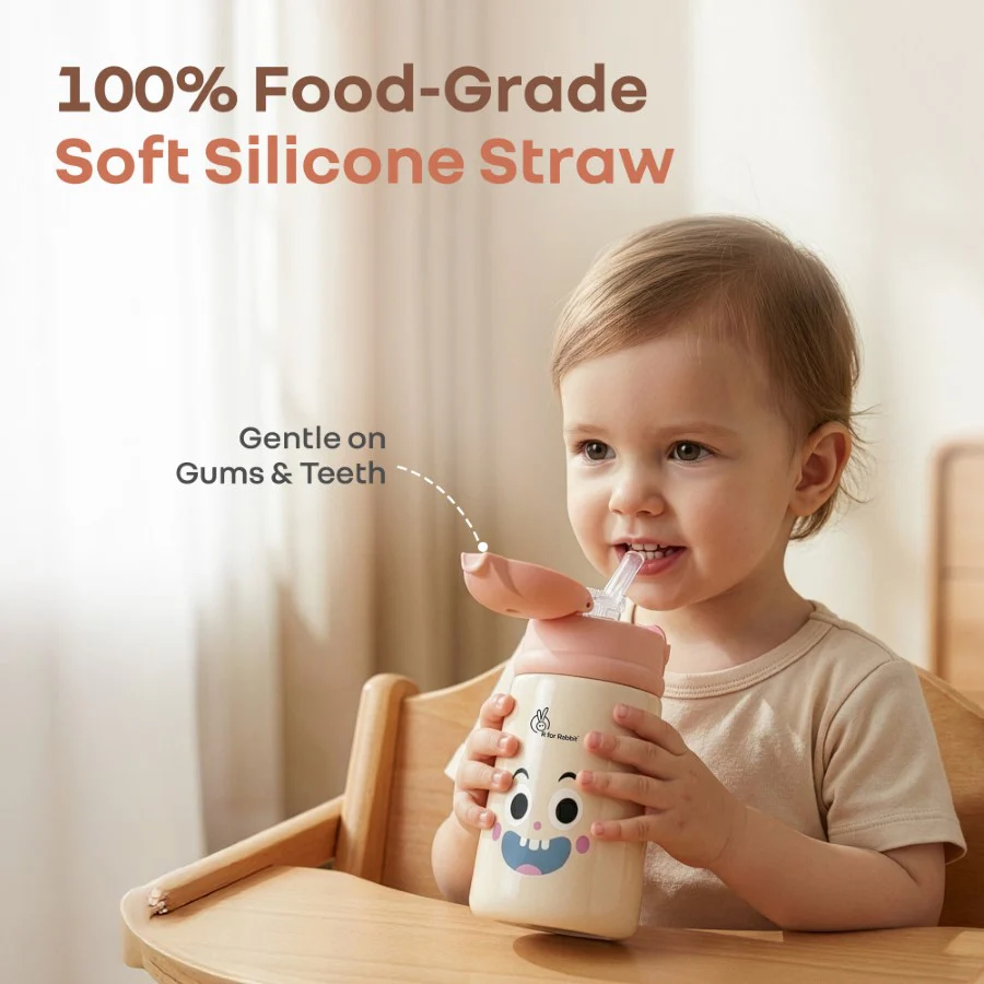 Steebo Smiley 300ml Stainless Steel Straw Sipper Bottle for Babies with 304 Double Wall Insulation, BPA-Free Silicone Straw, Leak-Proof Lid & BIS Certified Safety (9+ Months) - Smiley Peach - Image 7