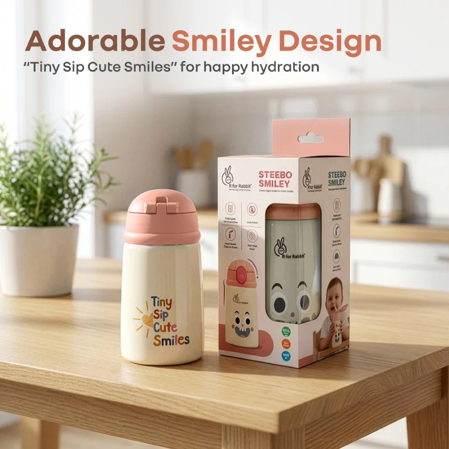 Steebo Smiley 300ml Stainless Steel Straw Sipper Bottle for Babies with 304 Double Wall Insulation, BPA-Free Silicone Straw, Leak-Proof Lid & BIS Certified Safety (9+ Months) - Smiley Peach - Image 8