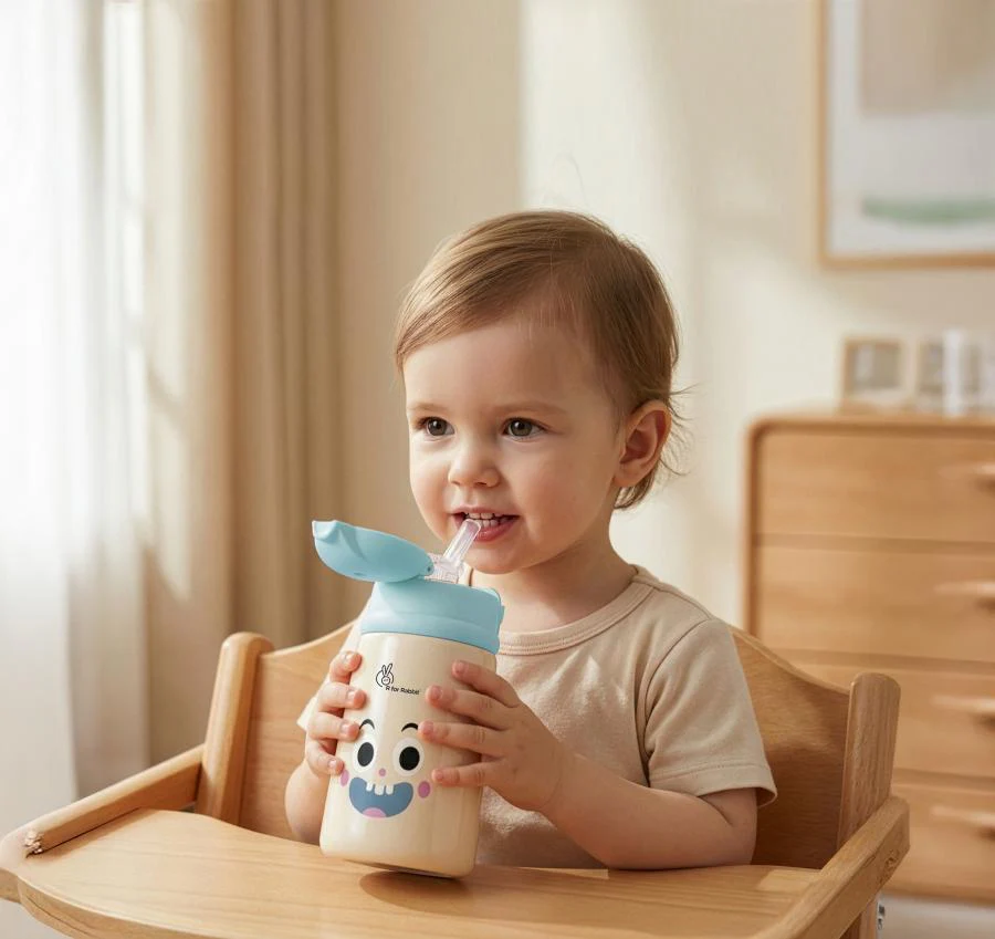 Steebo Smiley 300ml Stainless Steel Straw Sipper Bottle for Babies with 304 Double Wall Insulation, BPA-Free Silicone Straw, Leak-Proof Lid & BIS Certified Safety (9+ Months) - Smiley Blue