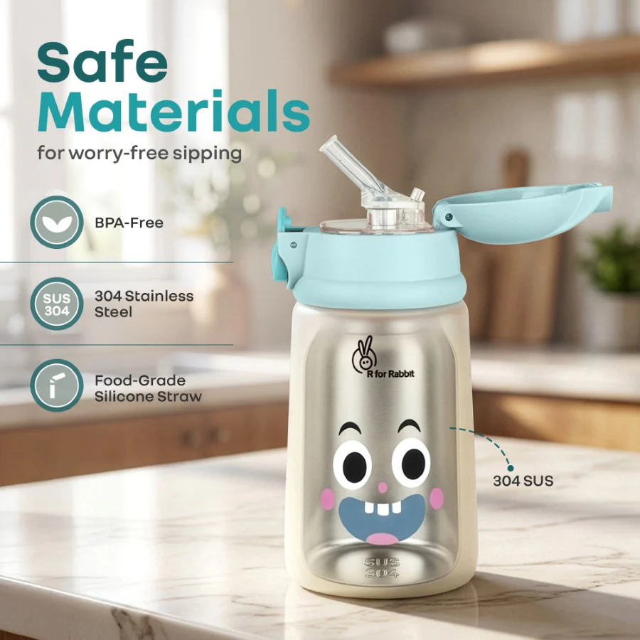 Steebo Smiley 300ml Stainless Steel Straw Sipper Bottle for Babies with 304 Double Wall Insulation, BPA-Free Silicone Straw, Leak-Proof Lid & BIS Certified Safety (9+ Months) - Smiley Blue - Image 2