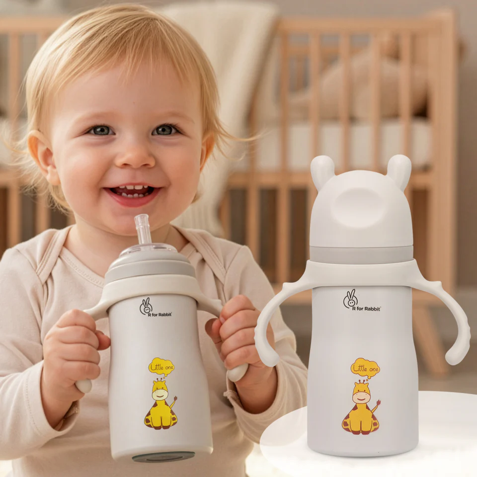 Steebo Tiny Tales 2 in 1 Spout and Straw Sipper Stainless Steel Bottle For Kids 270ml - Beige