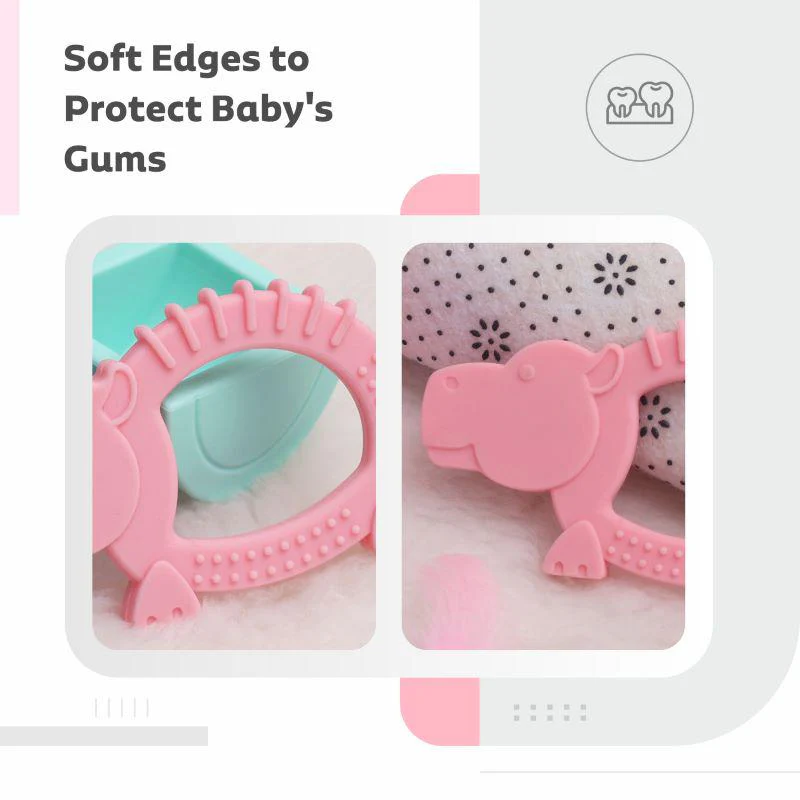 Tiny Bites Safari – Cute Baby Silicone Teether Pack of 3 - Blue-Orange-Pink - Image 5