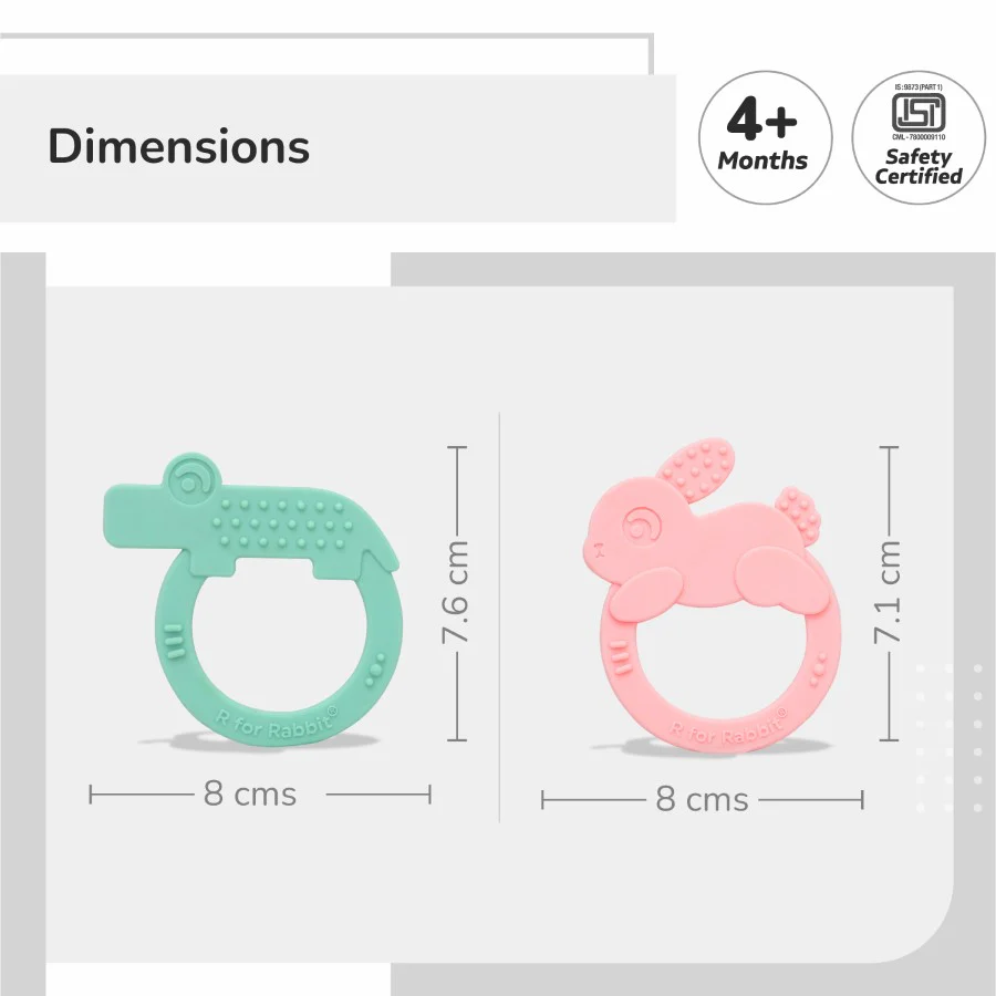 Tiny Bites Zoobie Baby Silicone Teethers Pack of 2 Elephant and Rabbit, Crocodile and Rabbit - Green-Pink - Image 6