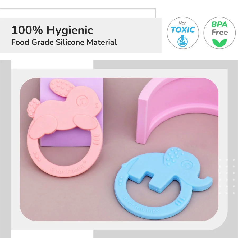 Tiny Bites Zoobie Baby Silicone Teethers Pack of 2 Elephant and Rabbit, Crocodile and Rabbit - Blue-Pink - Image 2