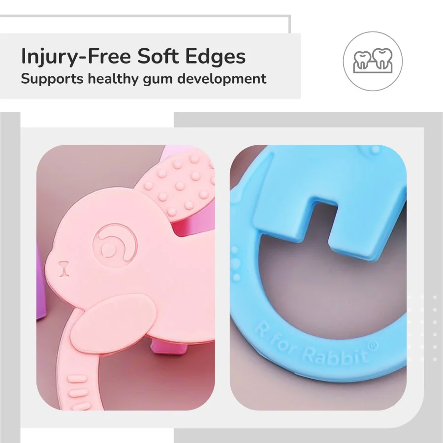 Tiny Bites Zoobie Baby Silicone Teethers Pack of 2 Elephant and Rabbit, Crocodile and Rabbit - Blue-Pink - Image 4