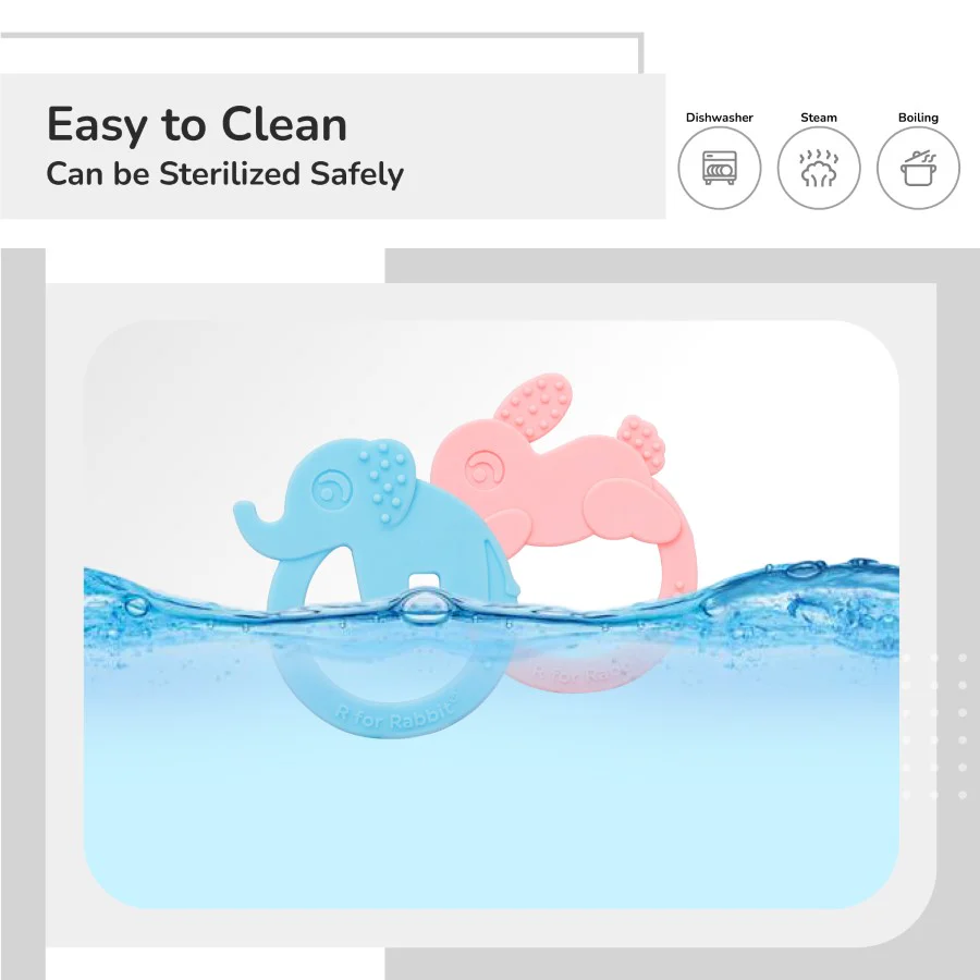 Tiny Bites Zoobie Baby Silicone Teethers Pack of 2 Elephant and Rabbit, Crocodile and Rabbit - Blue-Pink - Image 5