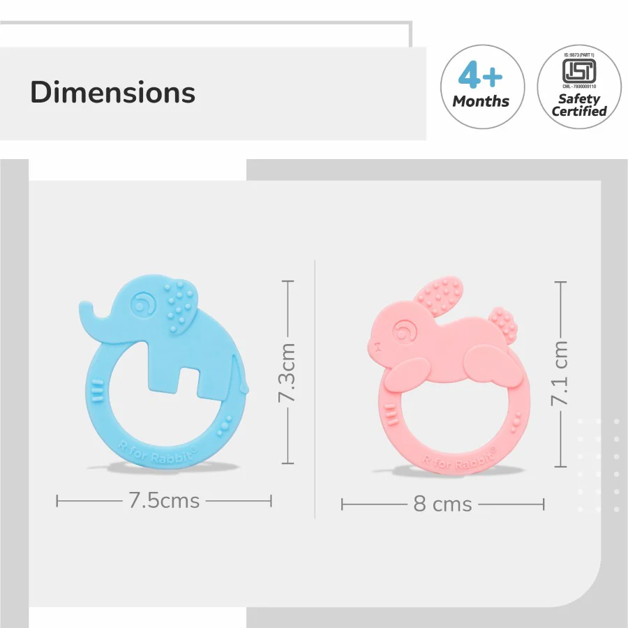 Tiny Bites Zoobie Baby Silicone Teethers Pack of 2 Elephant and Rabbit, Crocodile and Rabbit - Blue-Pink - Image 6