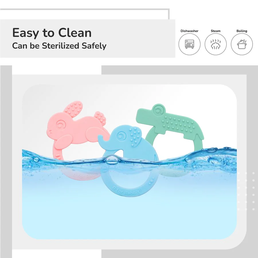 Tiny Bites Zoobie Baby Silicone Teethers Pack of 3 Crocodile, Rabbit, and Elephant - Green-Pink-Blue - Image 4