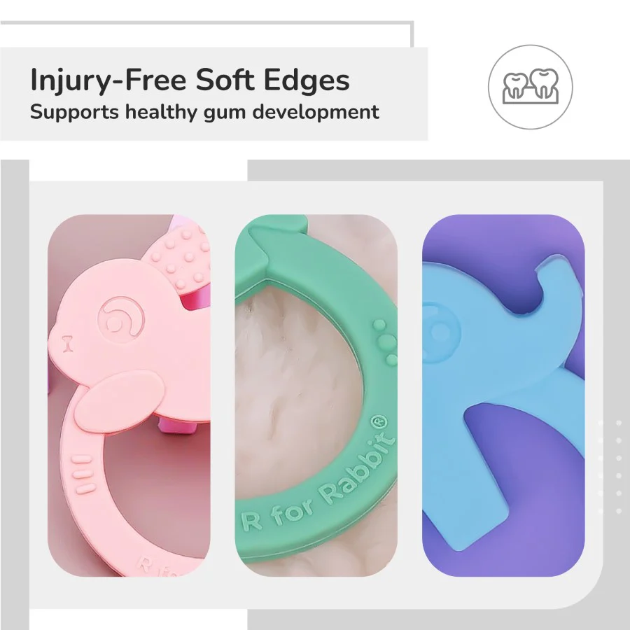 Tiny Bites Zoobie Baby Silicone Teethers Pack of 3 Crocodile, Rabbit, and Elephant - Green-Pink-Blue - Image 5