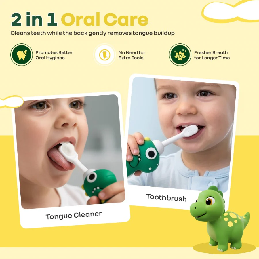 Tiny Smiles Dino Kids Toothbrush, Ultra-Soft Bristles for Gentle Oral Care, BPA-Free, Kids Brush for 2+ Years - Green - Image 2