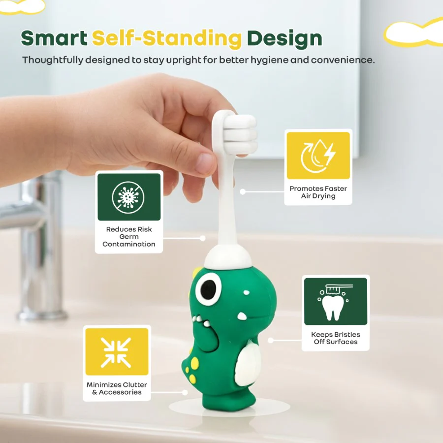 Tiny Smiles Dino Kids Toothbrush, Ultra-Soft Bristles for Gentle Oral Care, BPA-Free, Kids Brush for 2+ Years - Green - Image 6