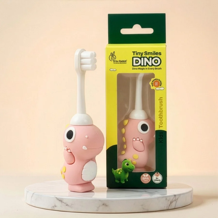 Tiny Smiles Dino Kids Toothbrush, Ultra-Soft Bristles for Gentle Oral Care, BPA-Free, Kids Brush for 2+ Years - Peach