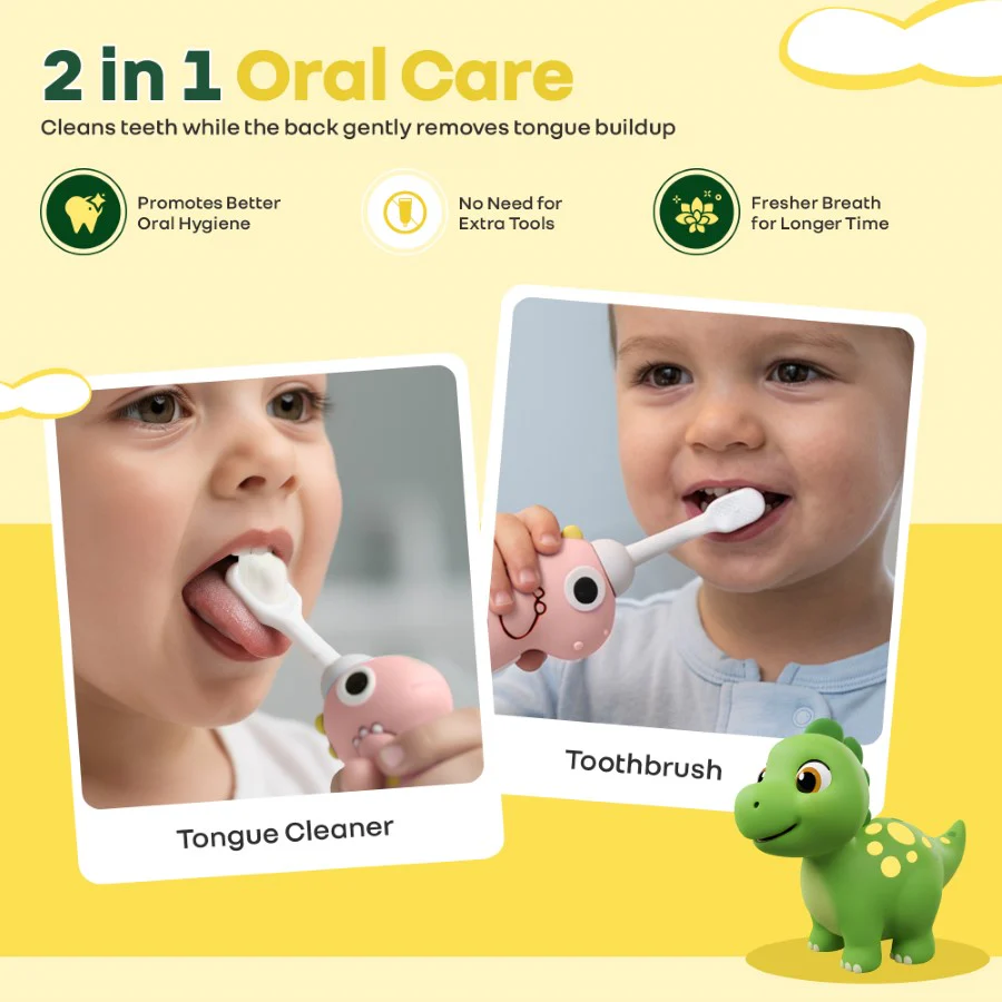 Tiny Smiles Dino Kids Toothbrush, Ultra-Soft Bristles for Gentle Oral Care, BPA-Free, Kids Brush for 2+ Years - Peach - Image 2