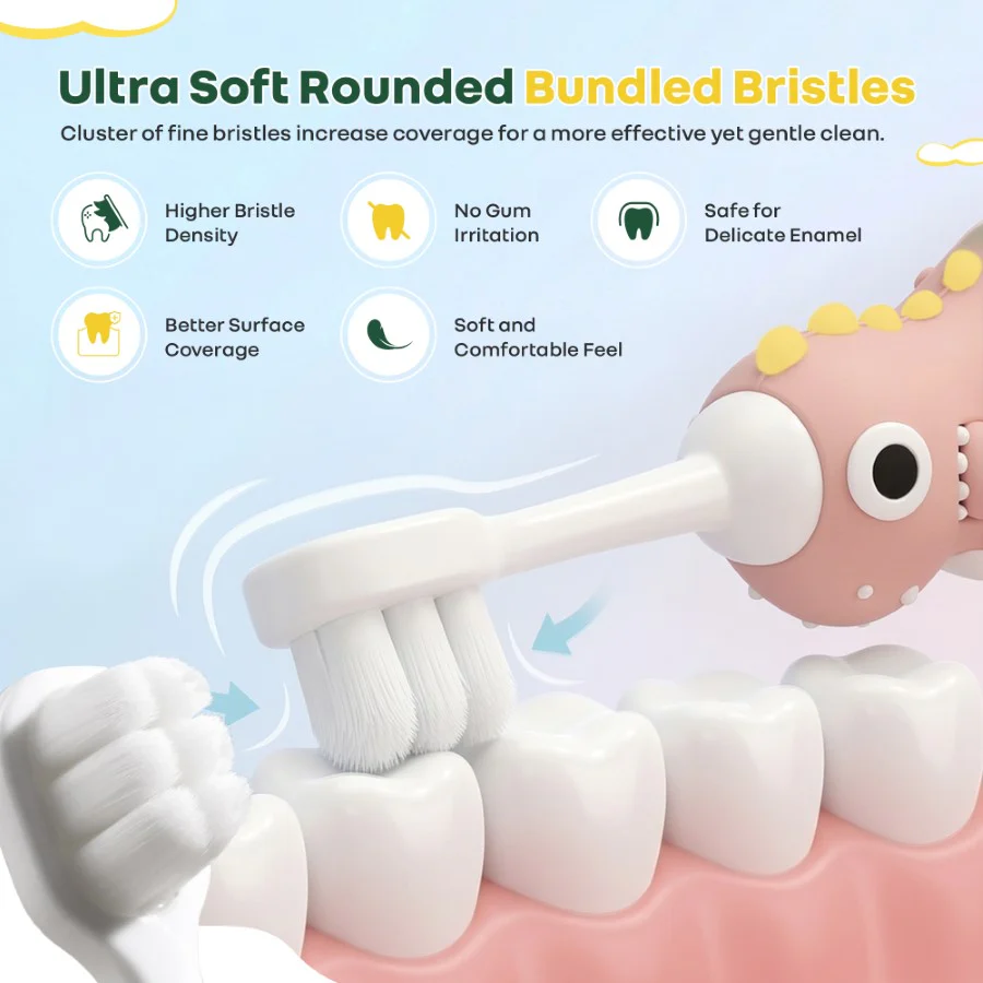Tiny Smiles Dino Kids Toothbrush, Ultra-Soft Bristles for Gentle Oral Care, BPA-Free, Kids Brush for 2+ Years - Peach - Image 4