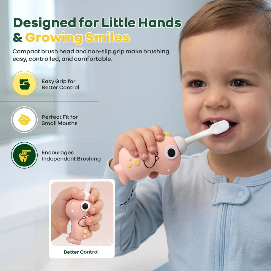 Tiny Smiles Dino Kids Toothbrush, Ultra-Soft Bristles for Gentle Oral Care, BPA-Free, Kids Brush for 2+ Years - Peach - Image 5