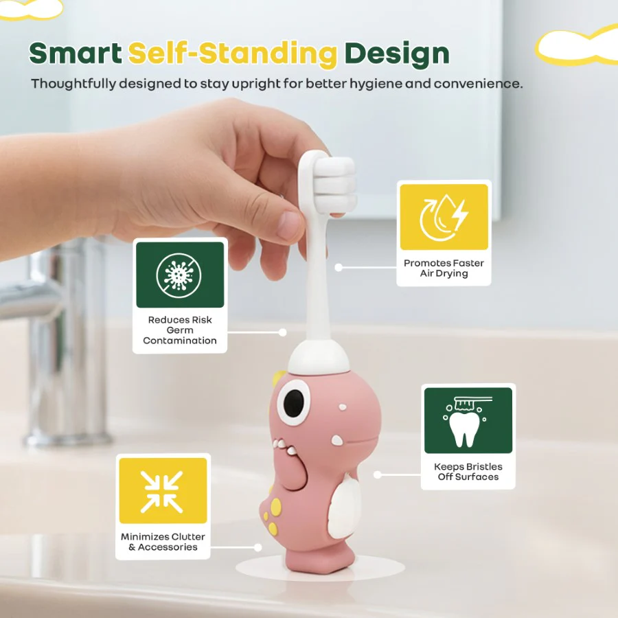 Tiny Smiles Dino Kids Toothbrush, Ultra-Soft Bristles for Gentle Oral Care, BPA-Free, Kids Brush for 2+ Years - Peach - Image 6
