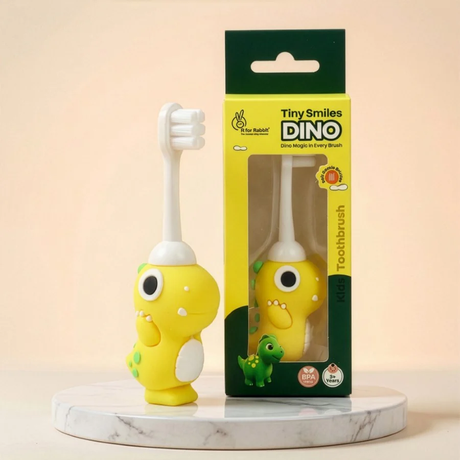 Tiny Smiles Dino Kids Toothbrush, Ultra-Soft Bristles for Gentle Oral Care, BPA-Free, Kids Brush for 2+ Years - Yellow