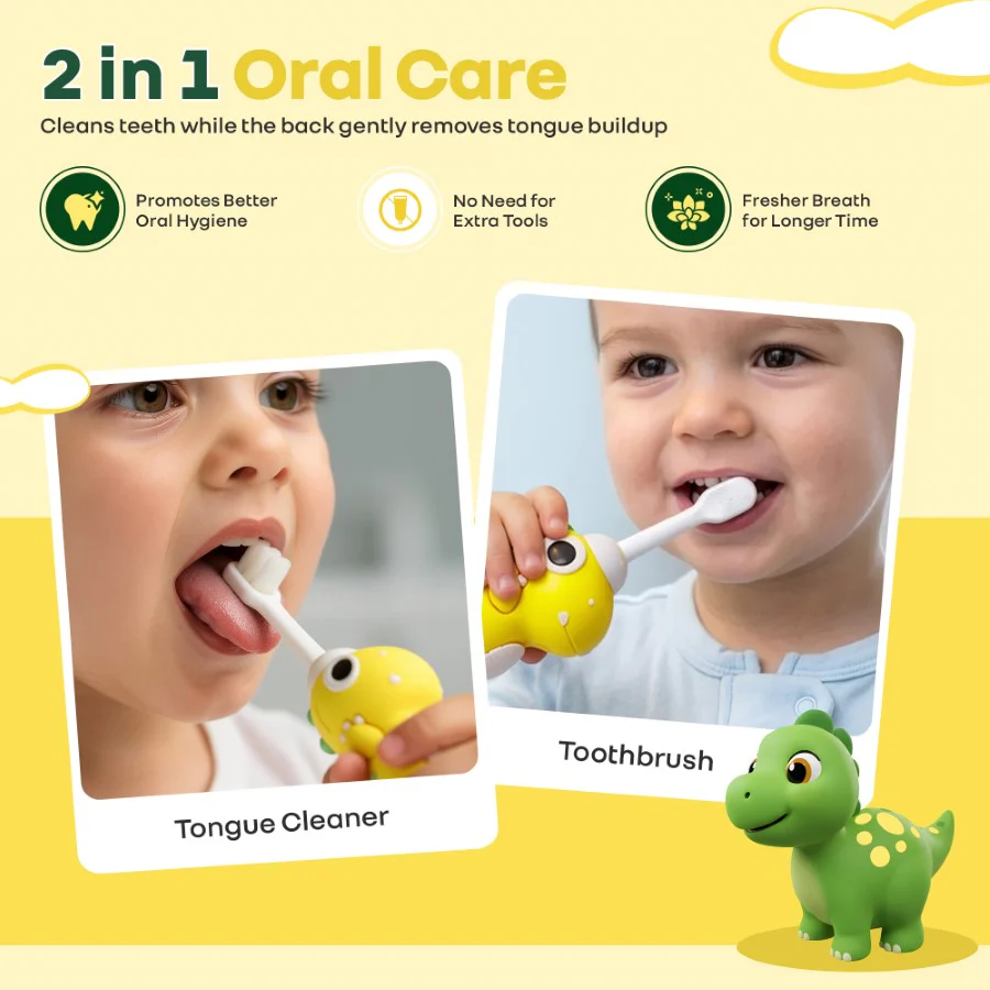 Tiny Smiles Dino Kids Toothbrush, Ultra-Soft Bristles for Gentle Oral Care, BPA-Free, Kids Brush for 2+ Years - Yellow - Image 2