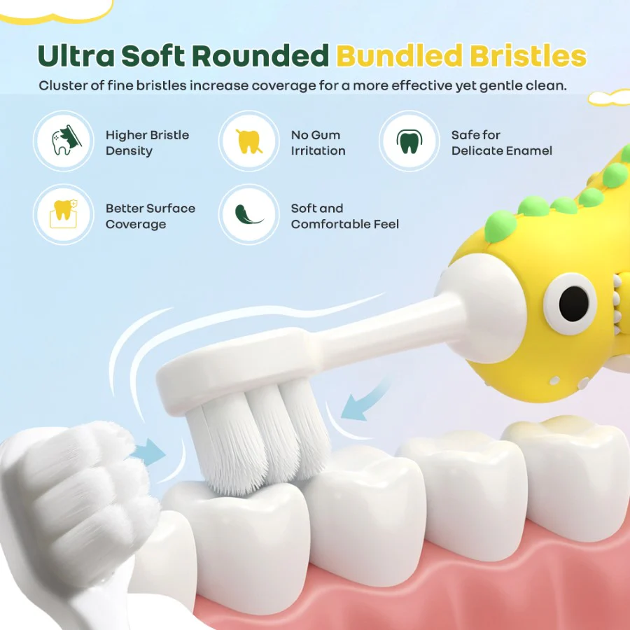 Tiny Smiles Dino Kids Toothbrush, Ultra-Soft Bristles for Gentle Oral Care, BPA-Free, Kids Brush for 2+ Years - Yellow - Image 4