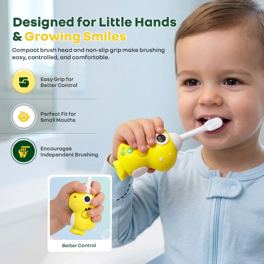 Tiny Smiles Dino Kids Toothbrush, Ultra-Soft Bristles for Gentle Oral Care, BPA-Free, Kids Brush for 2+ Years - Yellow - Image 5