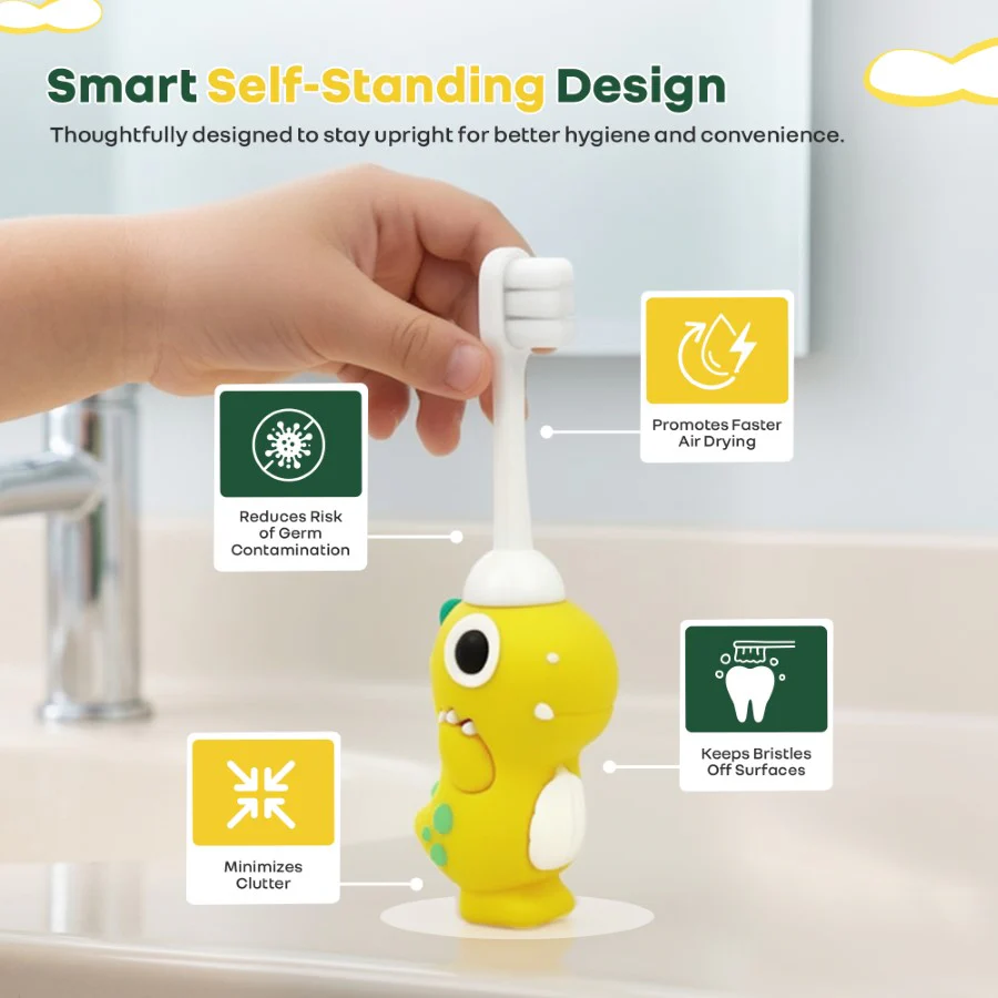 Tiny Smiles Dino Kids Toothbrush, Ultra-Soft Bristles for Gentle Oral Care, BPA-Free, Kids Brush for 2+ Years - Yellow - Image 6