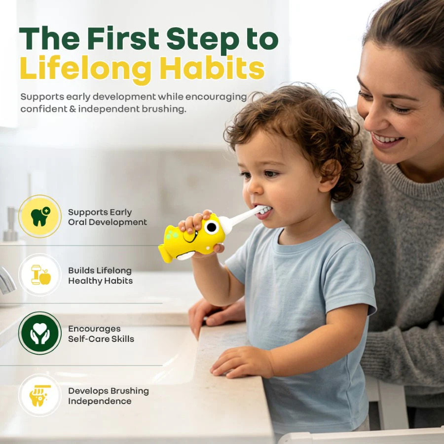Tiny Smiles Dino Kids Toothbrush, Ultra-Soft Bristles for Gentle Oral Care, BPA-Free, Kids Brush for 2+ Years - Yellow - Image 7