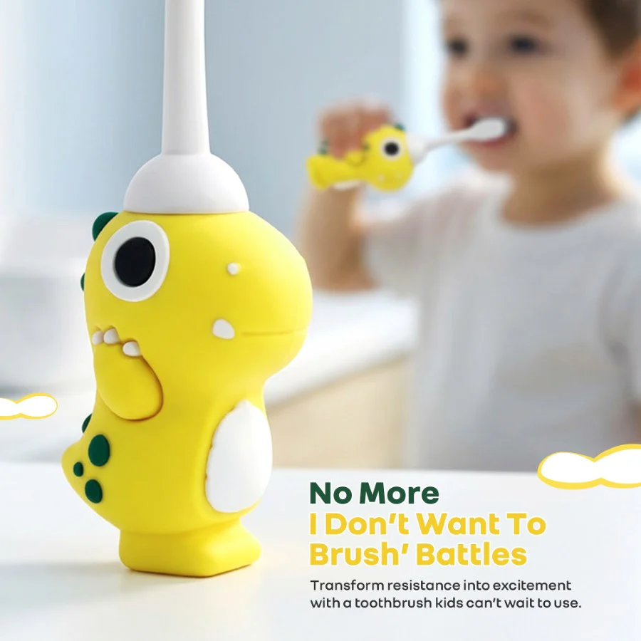 Tiny Smiles Dino Kids Toothbrush, Ultra-Soft Bristles for Gentle Oral Care, BPA-Free, Kids Brush for 2+ Years - Yellow - Image 8