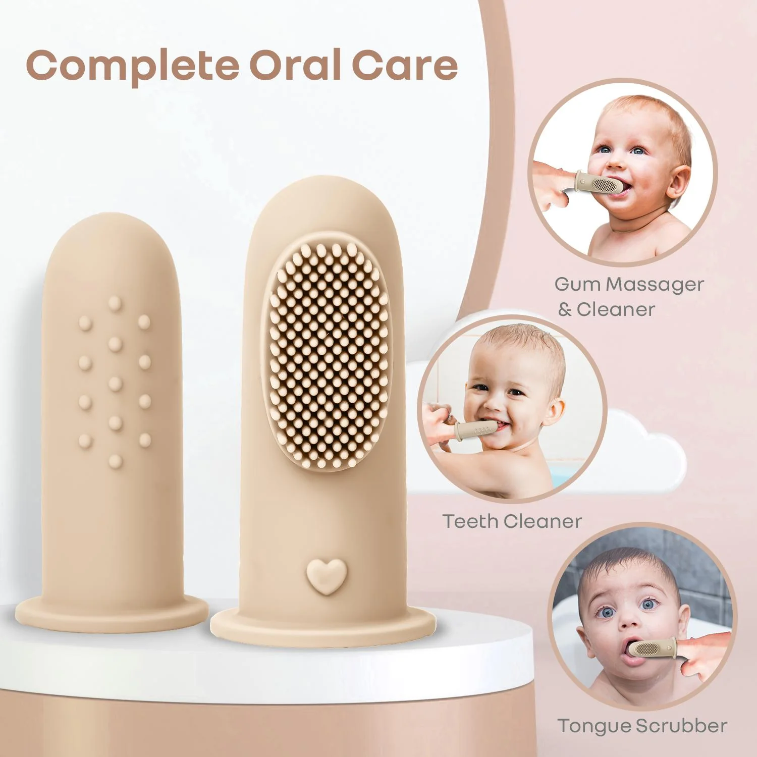 Tiny Smiles Gummy Baby Finger Brush, Food Grade Silicone Toothbrush, Gum Massager with Storage Case - Beige - Image 2