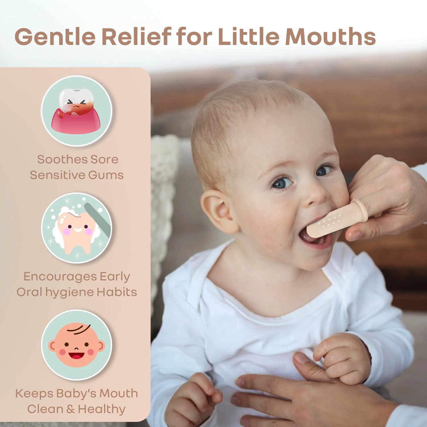 Tiny Smiles Gummy Baby Finger Brush, Food Grade Silicone Toothbrush, Gum Massager with Storage Case - Beige - Image 5