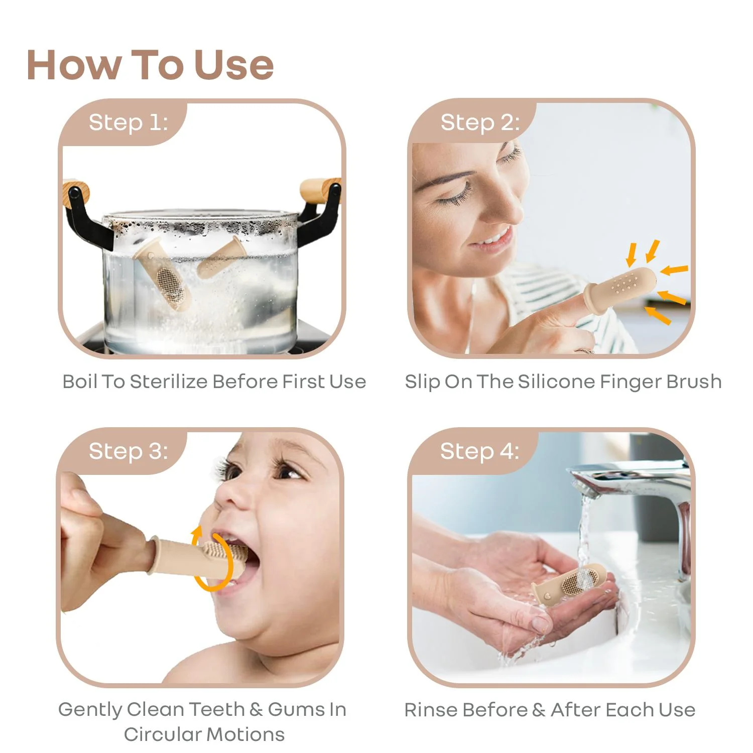 Tiny Smiles Gummy Baby Finger Brush, Food Grade Silicone Toothbrush, Gum Massager with Storage Case - Beige - Image 6