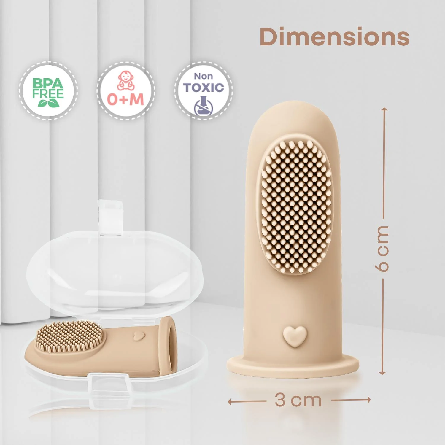 Tiny Smiles Gummy Baby Finger Brush, Food Grade Silicone Toothbrush, Gum Massager with Storage Case - Beige - Image 8