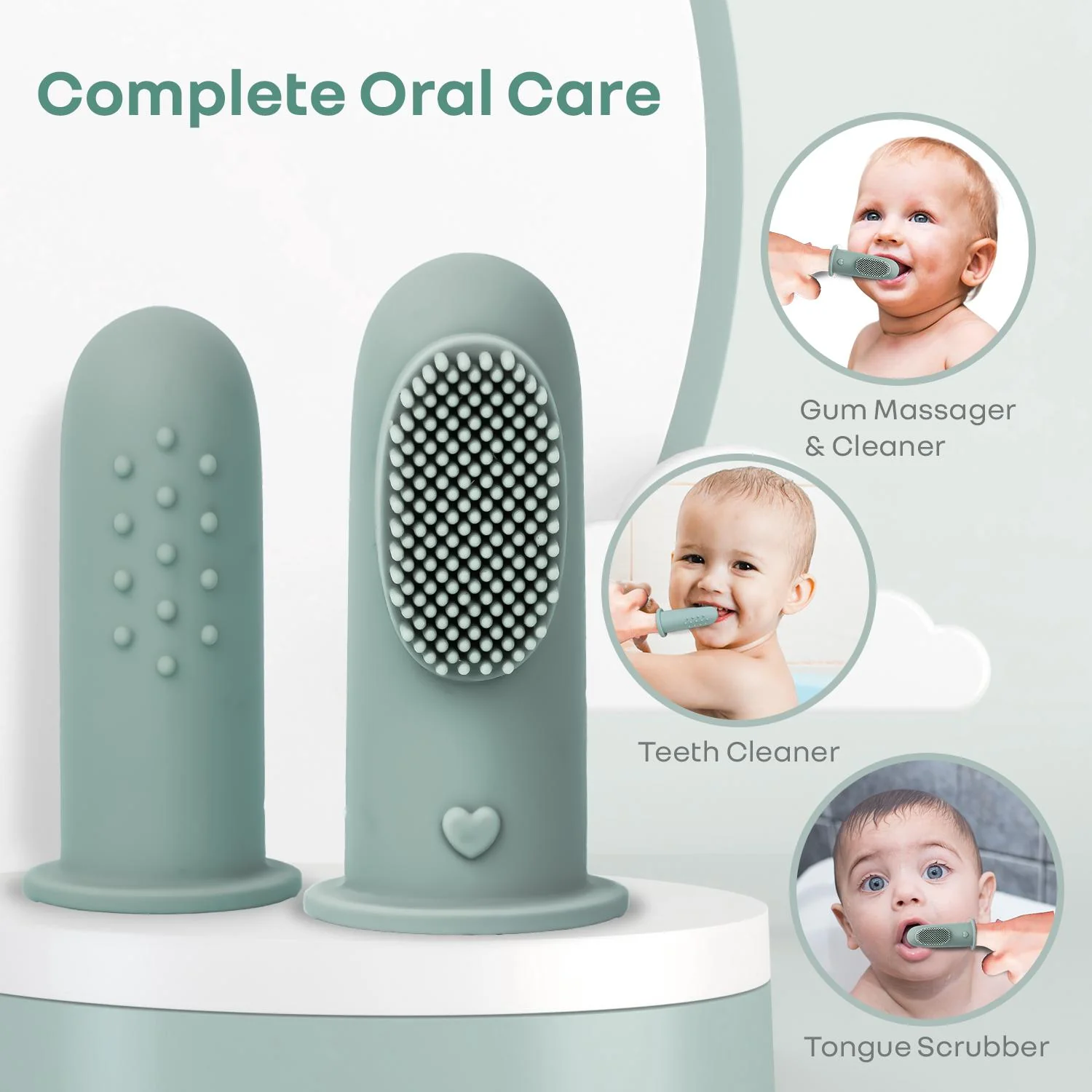 Tiny Smiles Gummy Baby Finger Brush, Food Grade Silicone Toothbrush, Gum Massager with Storage Case - Olive Green - Image 2
