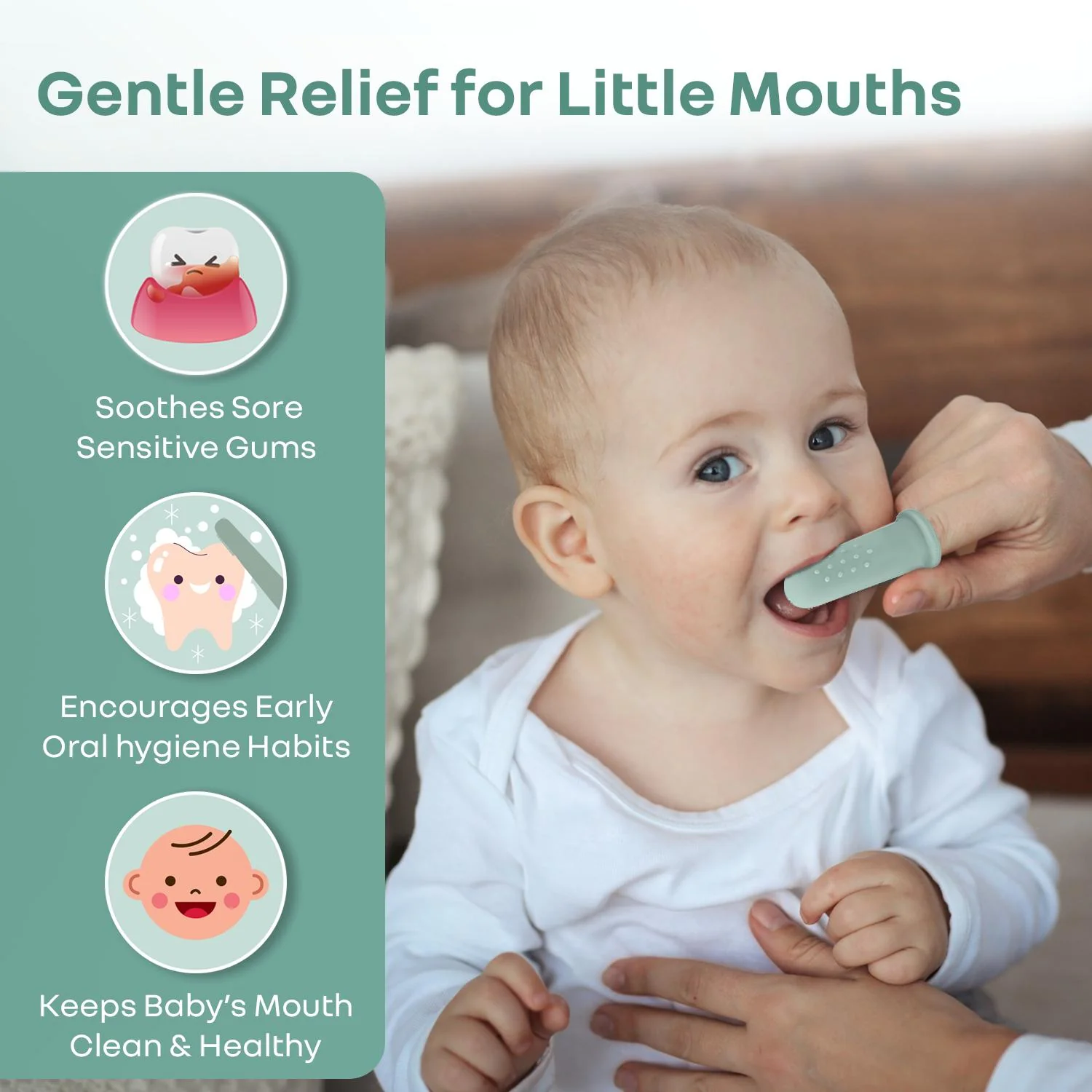 Tiny Smiles Gummy Baby Finger Brush, Food Grade Silicone Toothbrush, Gum Massager with Storage Case - Olive Green - Image 5