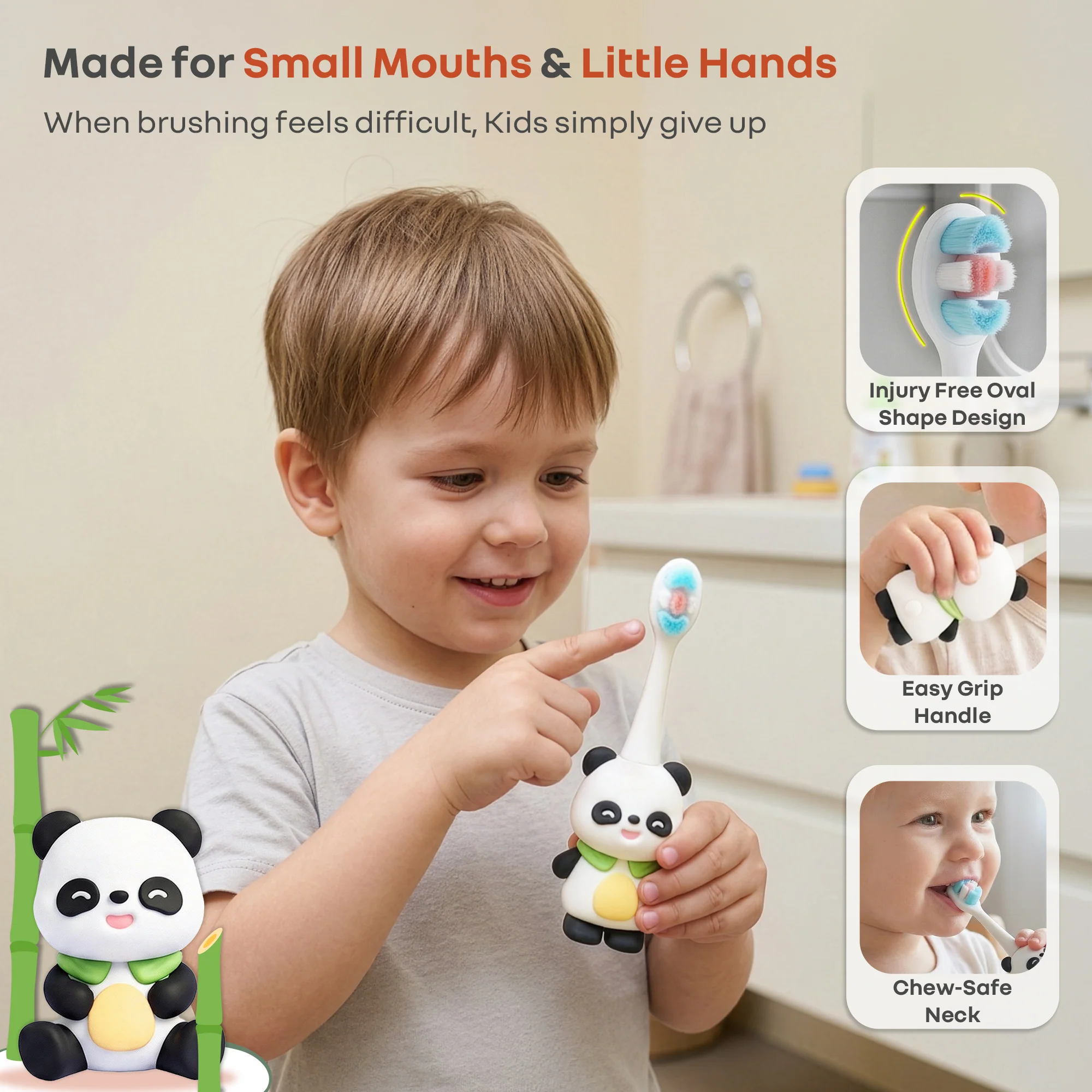 Tiny Smiles Panda Kids Toothbrush, Ultra Soft PBT Bristles Brush, BPA Free, Self-Standing with Travel Case - Black - Image 4