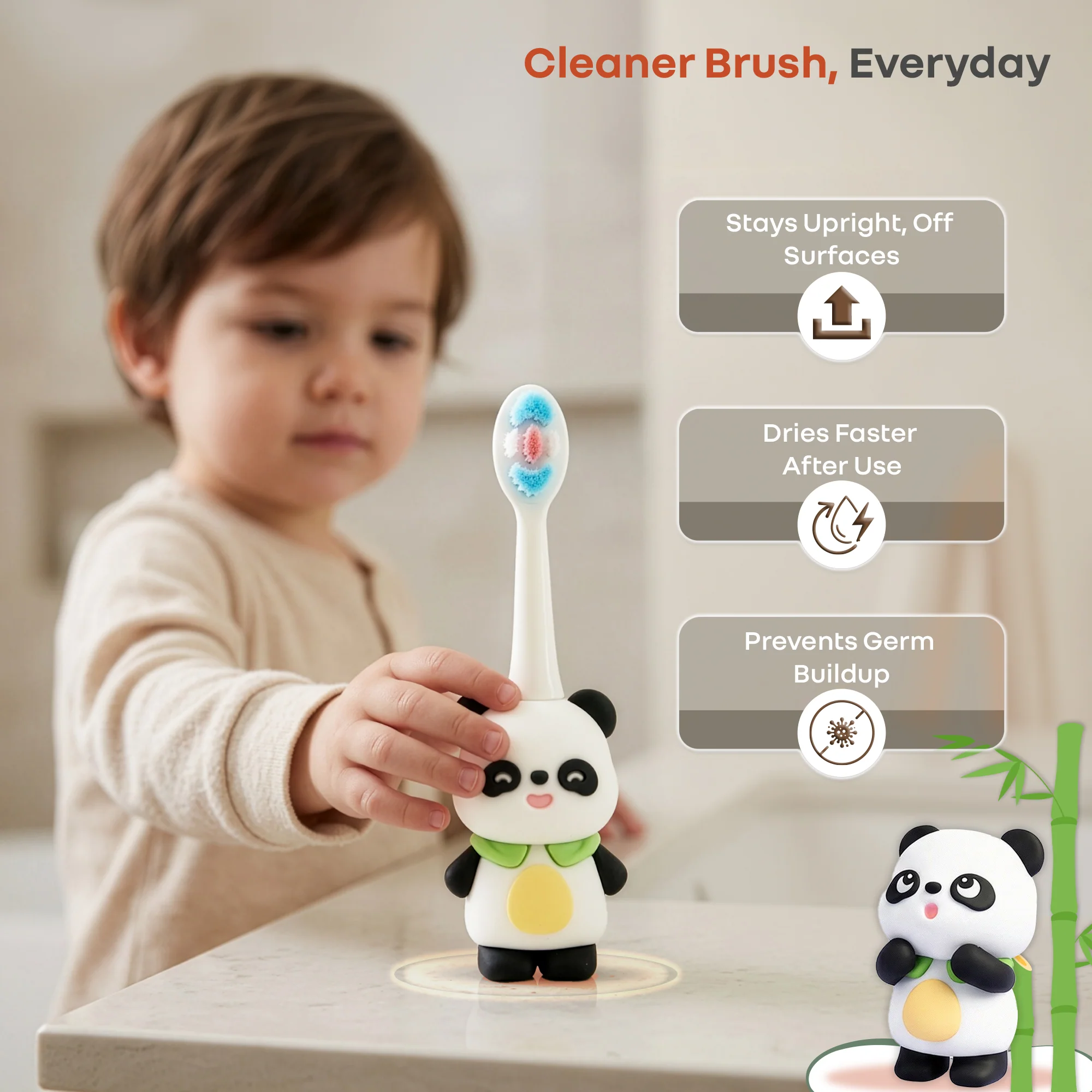 Tiny Smiles Panda Kids Toothbrush, Ultra Soft PBT Bristles Brush, BPA Free, Self-Standing with Travel Case - Black - Image 5