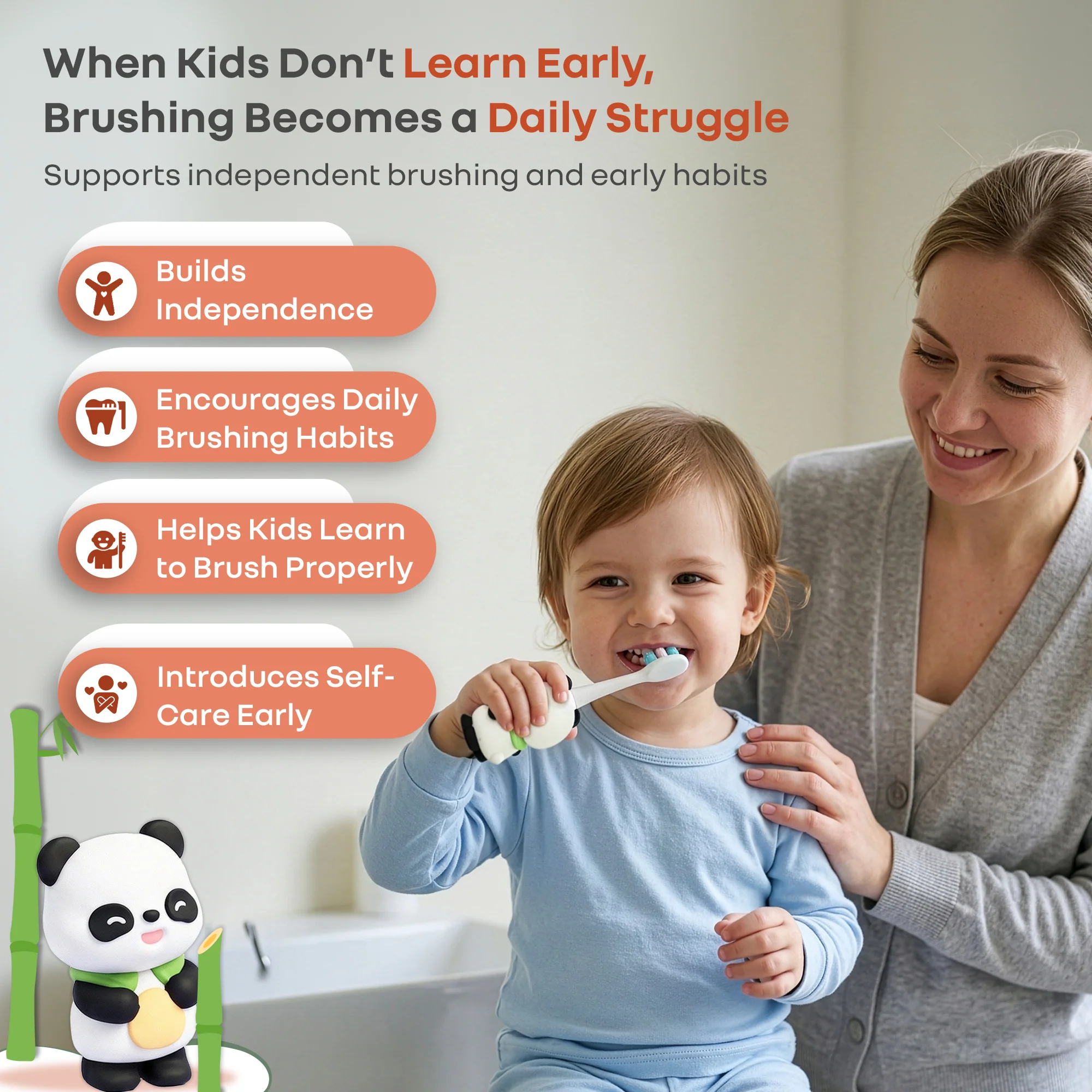 Tiny Smiles Panda Kids Toothbrush, Ultra Soft PBT Bristles Brush, BPA Free, Self-Standing with Travel Case - Black - Image 7
