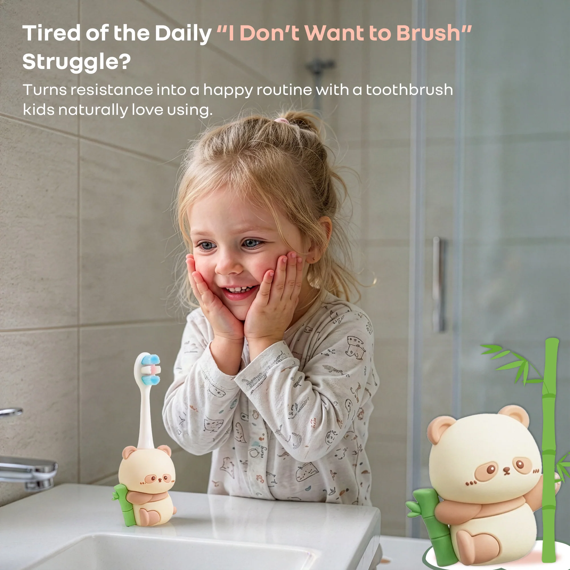 Tiny Smiles Panda Kids Toothbrush, Ultra Soft PBT Bristles Brush, BPA Free, Self-Standing with Travel Case - Beige - Image 2
