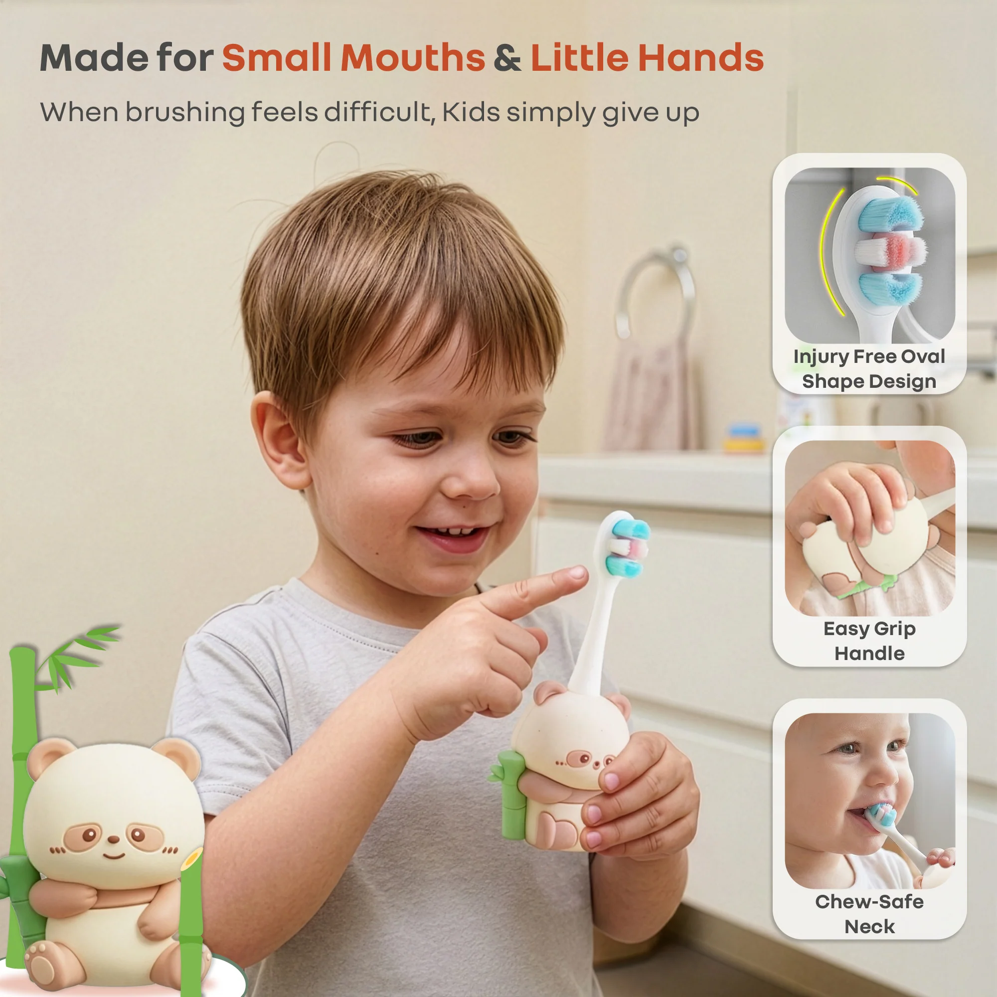 Tiny Smiles Panda Kids Toothbrush, Ultra Soft PBT Bristles Brush, BPA Free, Self-Standing with Travel Case - Beige - Image 4