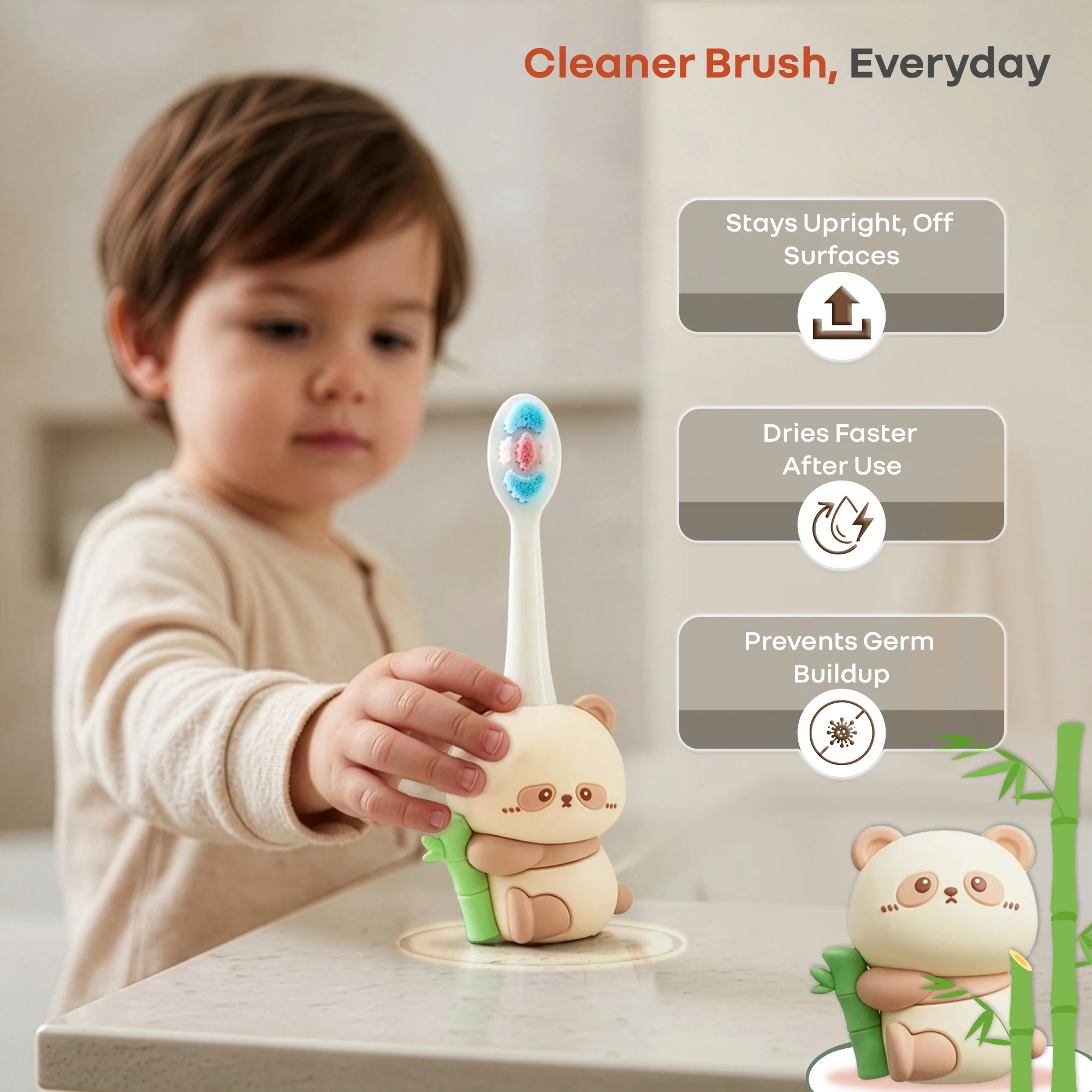 Tiny Smiles Panda Kids Toothbrush, Ultra Soft PBT Bristles Brush, BPA Free, Self-Standing with Travel Case - Beige - Image 5