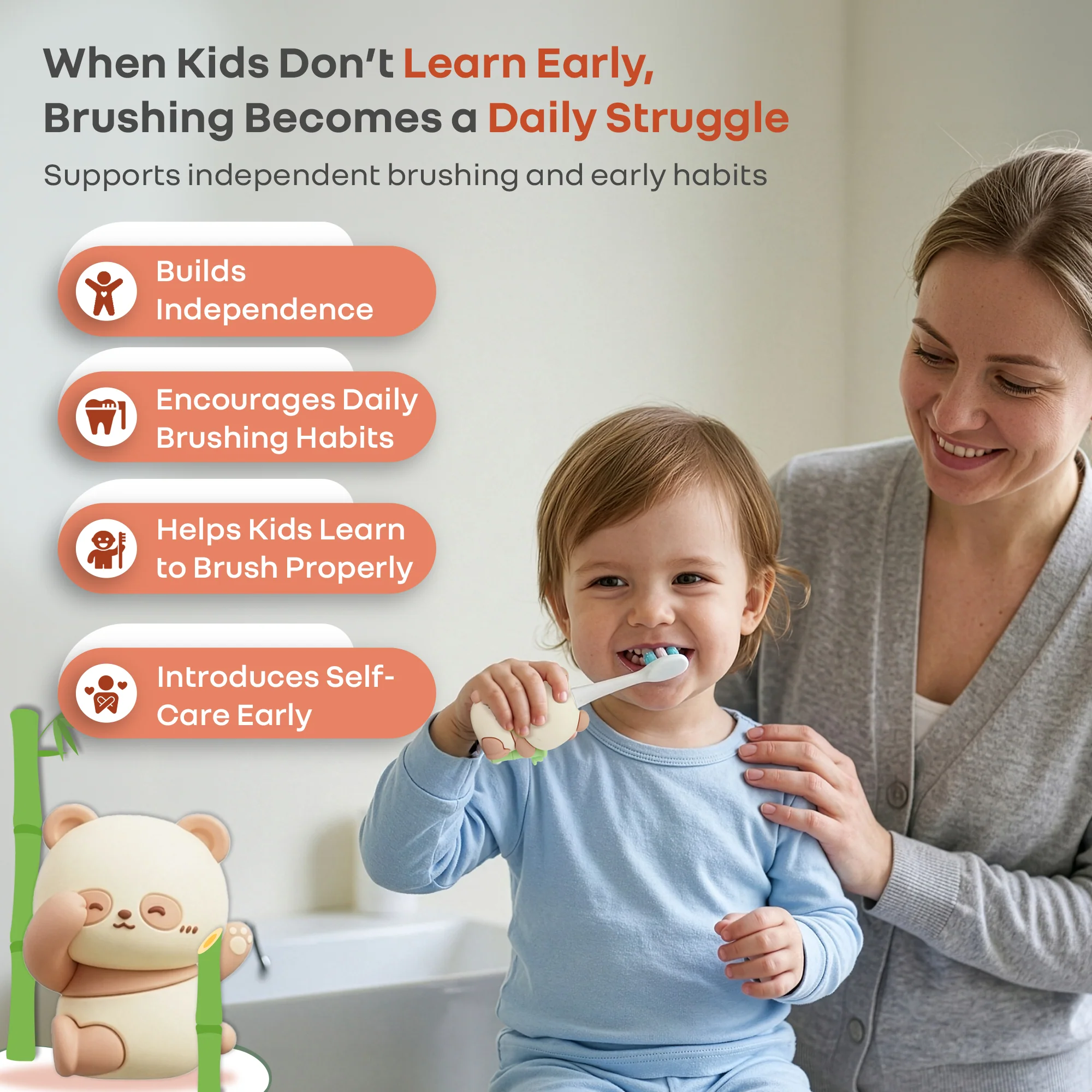 Tiny Smiles Panda Kids Toothbrush, Ultra Soft PBT Bristles Brush, BPA Free, Self-Standing with Travel Case - Beige - Image 7