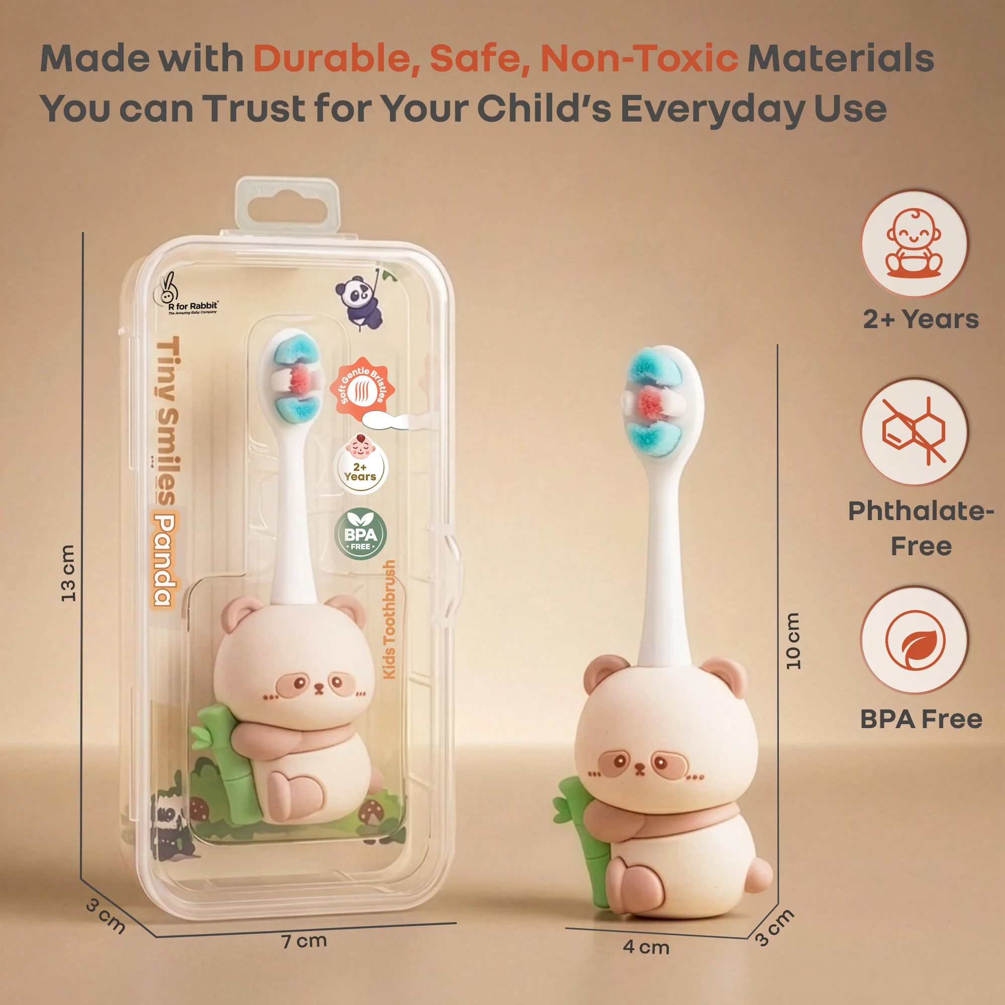 Tiny Smiles Panda Kids Toothbrush, Ultra Soft PBT Bristles Brush, BPA Free, Self-Standing with Travel Case - Beige - Image 8