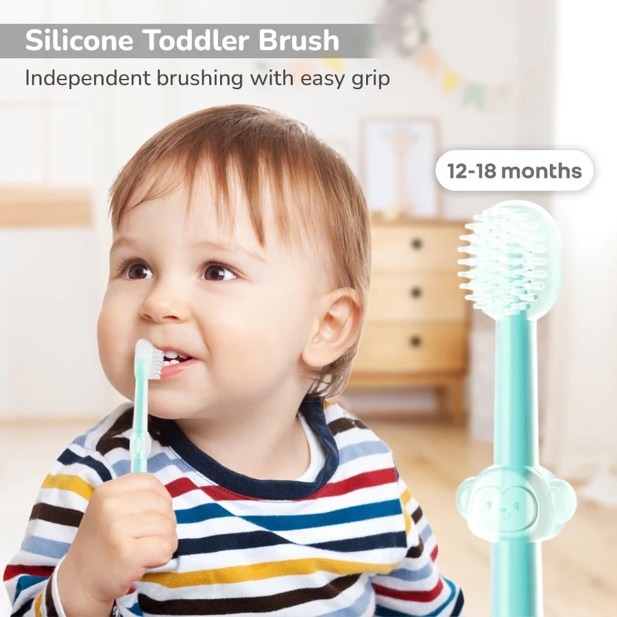 Tiny Smiles Pixie 3-in-1 Baby Toothbrush Set, BPA-Free Silicone, Gum Massager, U-Shaped & Toddler Brush - Lake Blue - Image 4