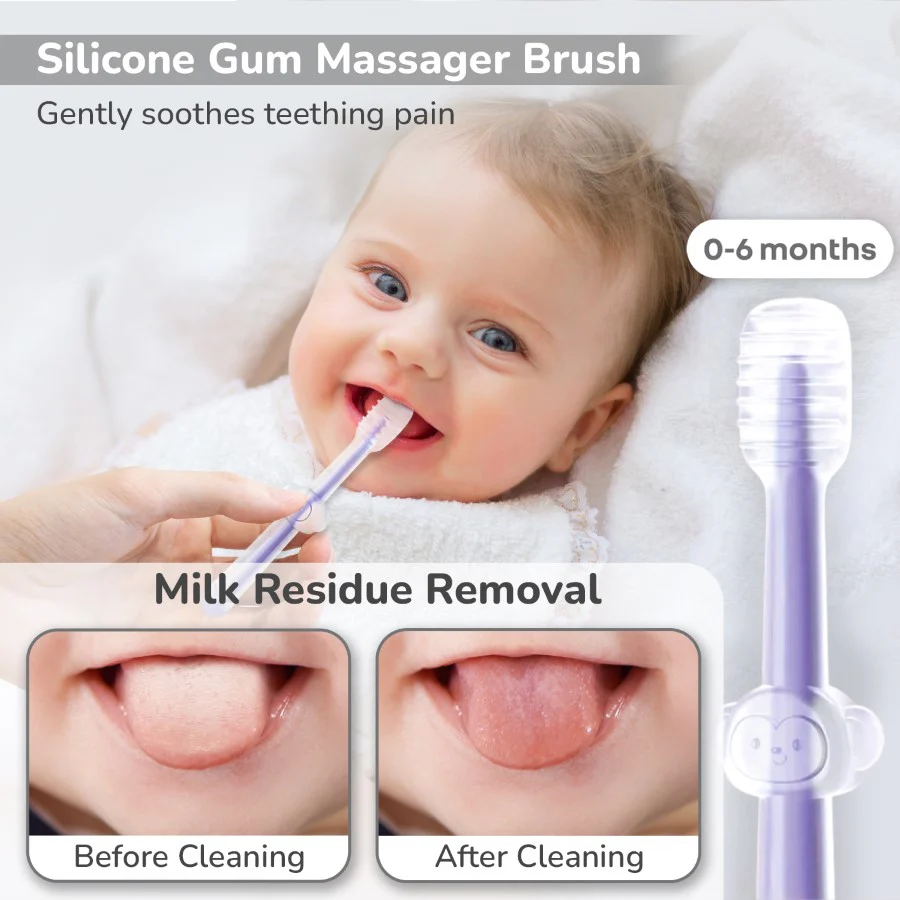 Tiny Smiles Pixie 3-in-1 Baby Toothbrush Set, BPA-Free Silicone, Gum Massager, U-Shaped & Toddler Brush - Purple - Image 2
