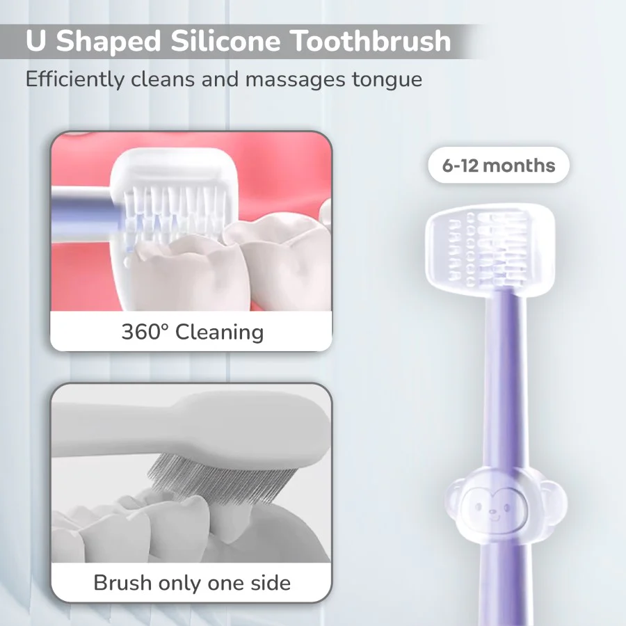 Tiny Smiles Pixie 3-in-1 Baby Toothbrush Set, BPA-Free Silicone, Gum Massager, U-Shaped & Toddler Brush - Purple - Image 3