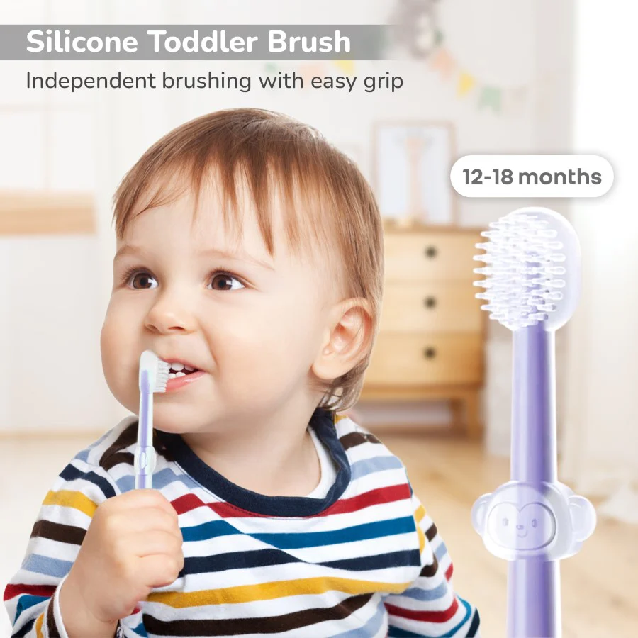 Tiny Smiles Pixie 3-in-1 Baby Toothbrush Set, BPA-Free Silicone, Gum Massager, U-Shaped & Toddler Brush - Purple - Image 4