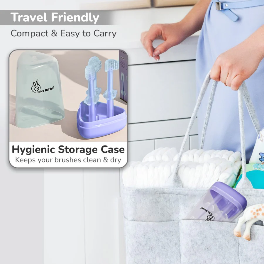 Tiny Smiles Pixie 3-in-1 Baby Toothbrush Set, BPA-Free Silicone, Gum Massager, U-Shaped & Toddler Brush - Purple - Image 5