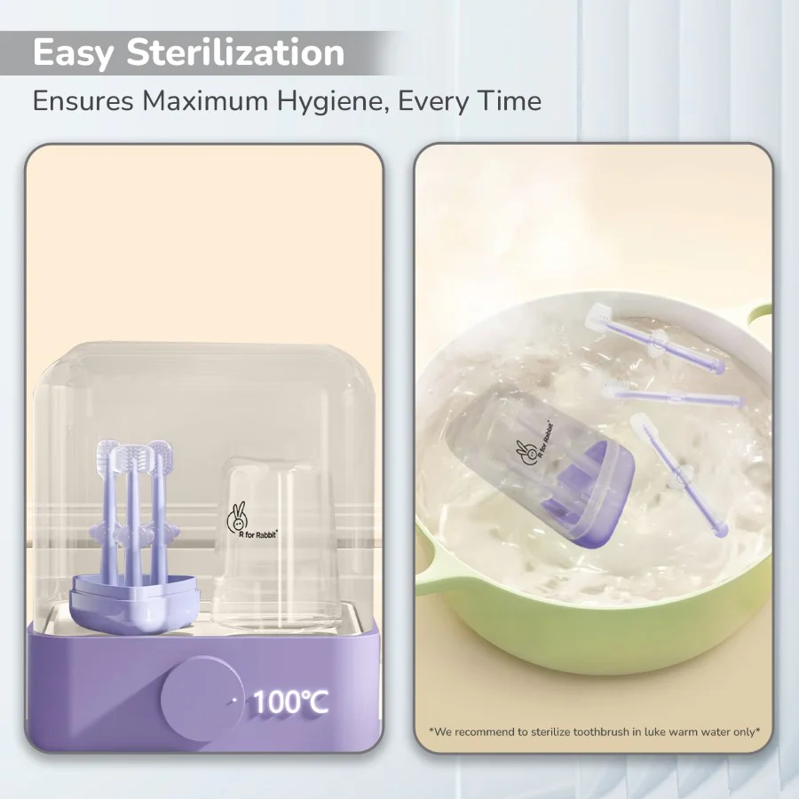 Tiny Smiles Pixie 3-in-1 Baby Toothbrush Set, BPA-Free Silicone, Gum Massager, U-Shaped & Toddler Brush - Purple - Image 7