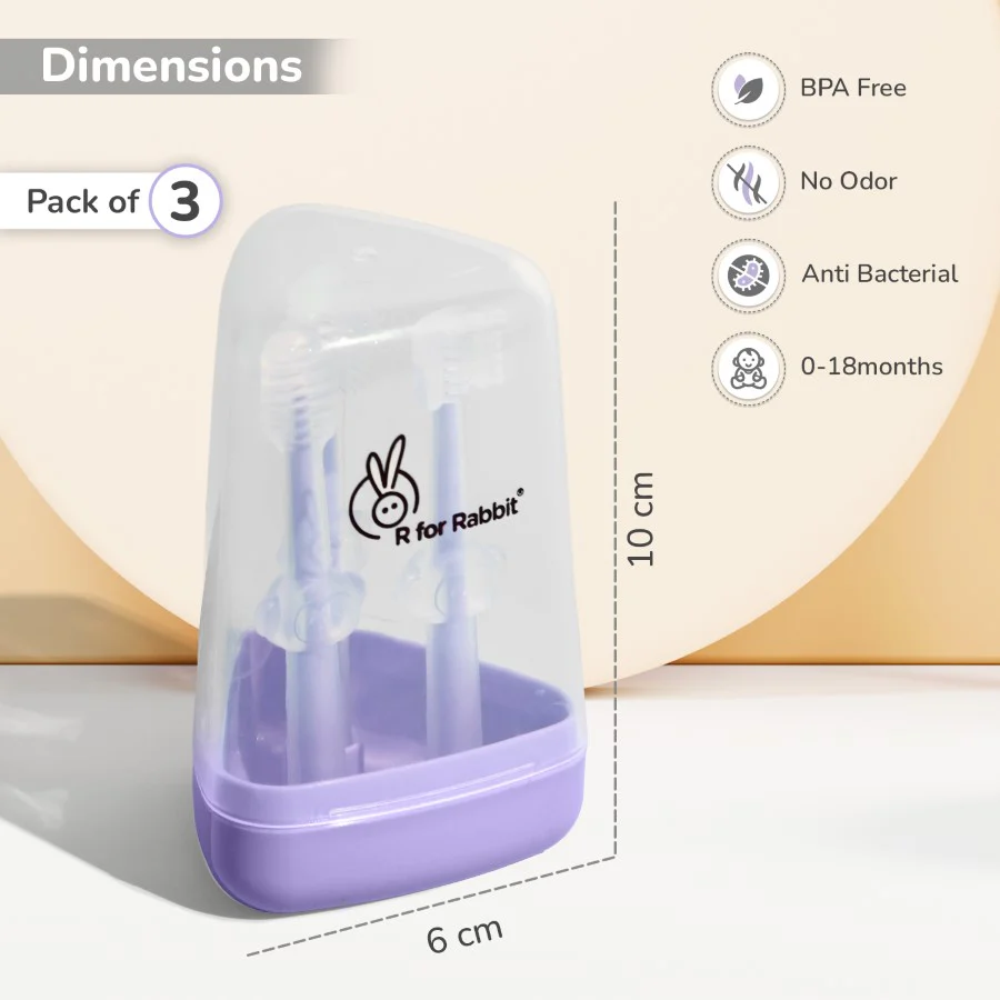 Tiny Smiles Pixie 3-in-1 Baby Toothbrush Set, BPA-Free Silicone, Gum Massager, U-Shaped & Toddler Brush - Purple - Image 8