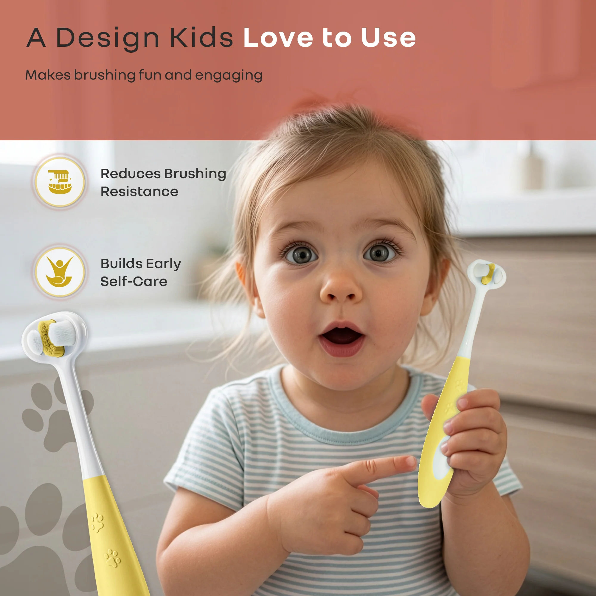 Tiny Smiles Poppins Kids Toothbrush, 3-Sided 360° Cleaning Brush, Ultra-Soft PBT Bristles - Yellow - Image 4